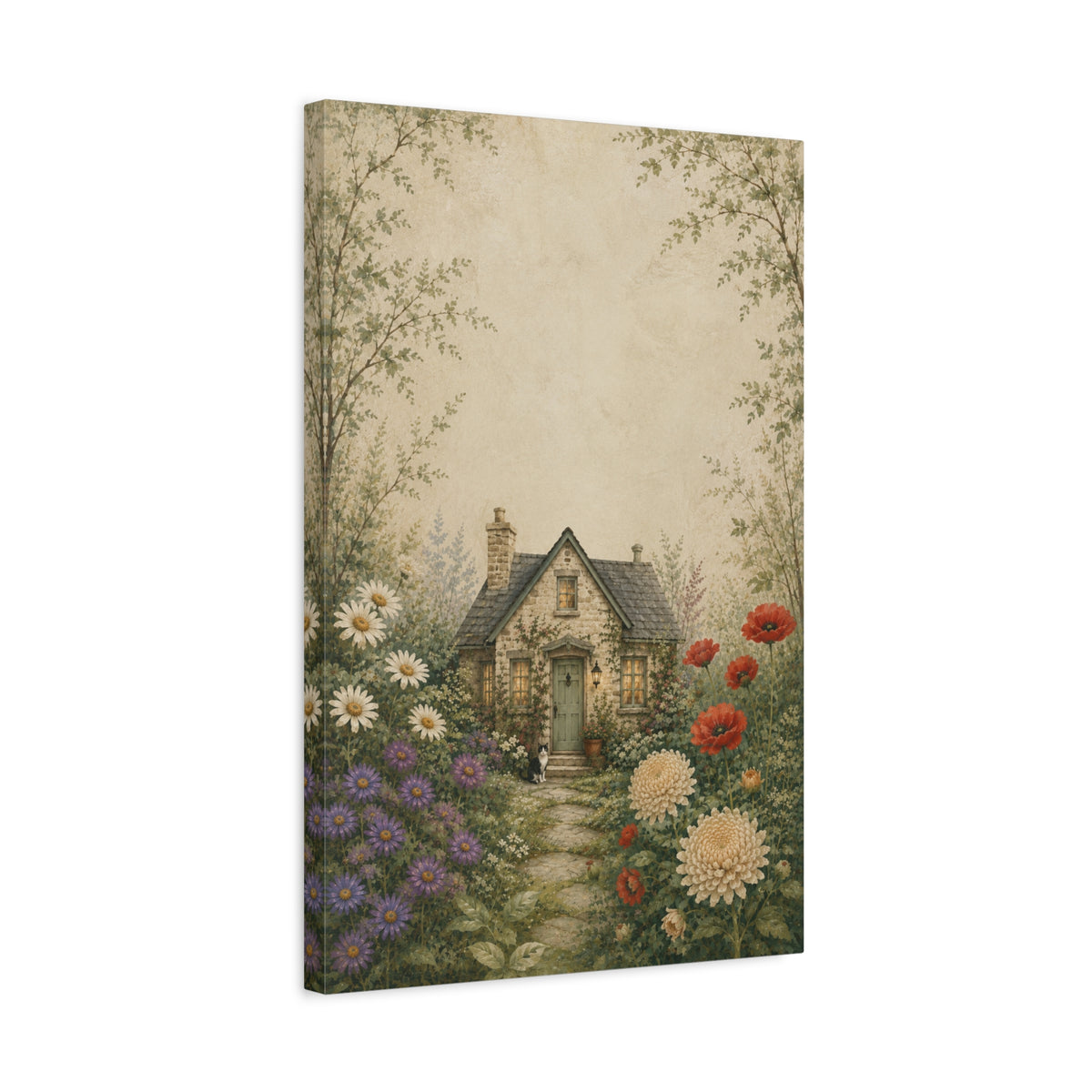The Garden We Grew canvas print — A cottage surrounded by abundant flowers and leafy branches.