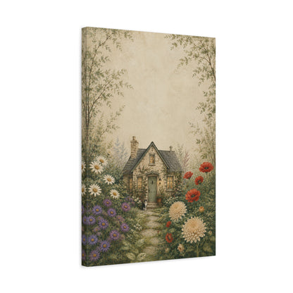 The Garden We Grew canvas print — A cottage surrounded by abundant flowers and leafy branches.