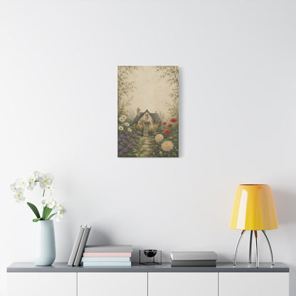 The Garden We Grew canvas print — A cottage surrounded by abundant flowers and leafy branches.