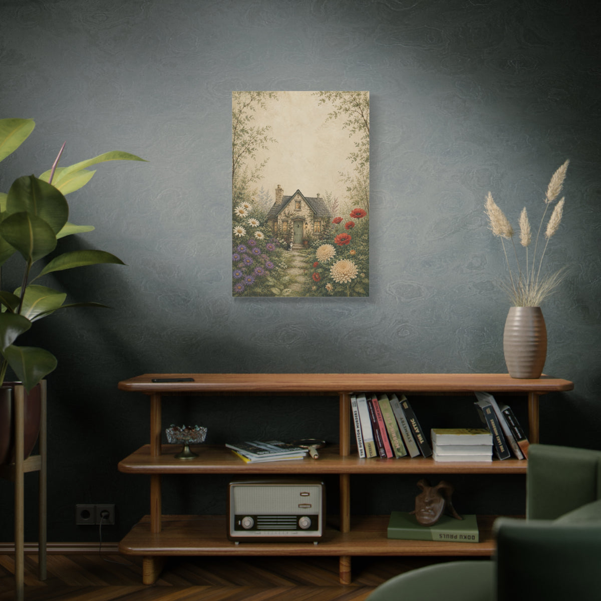 The Garden We Grew canvas print — A cottage surrounded by abundant flowers and leafy branches.