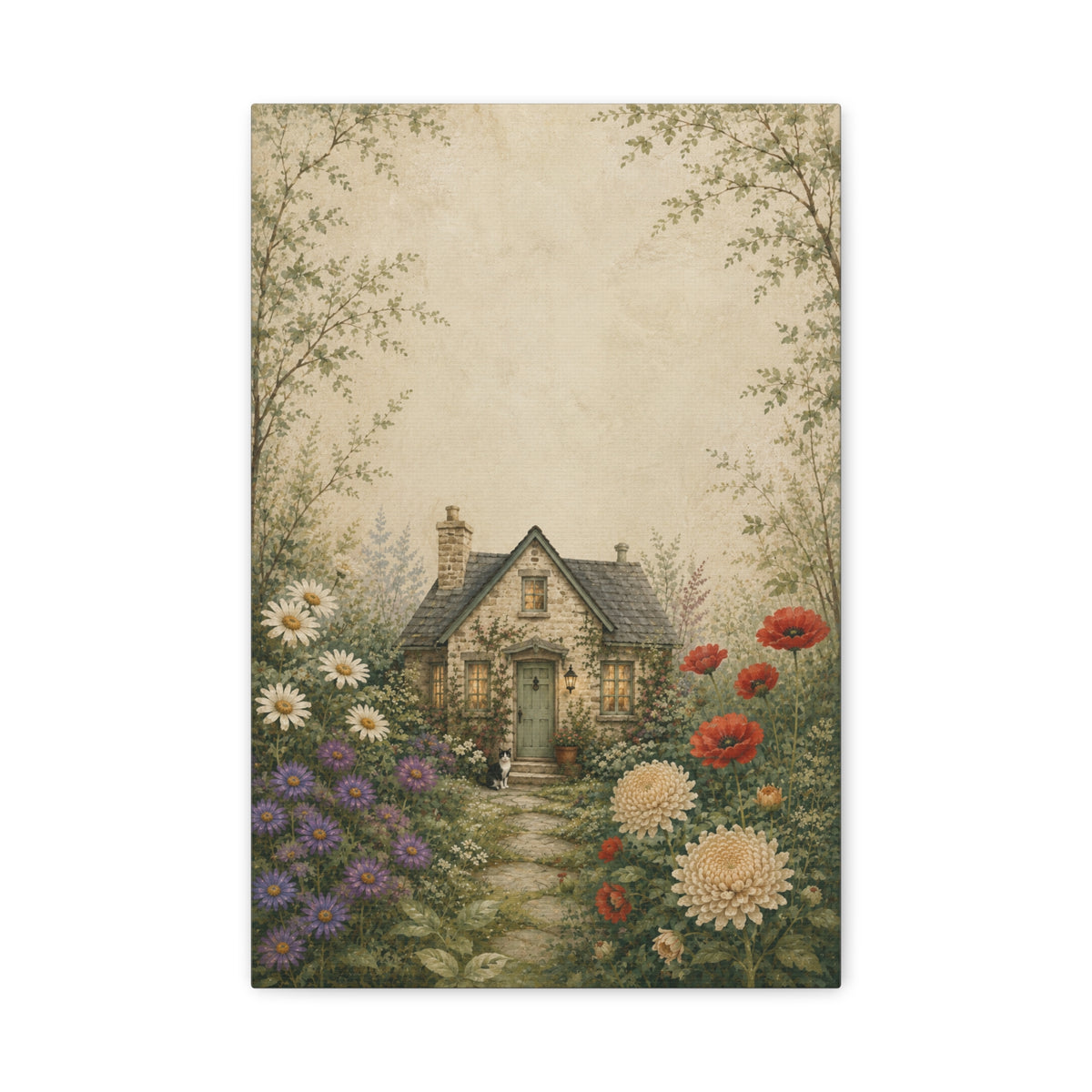 The Garden We Grew canvas print — A cottage surrounded by abundant flowers and leafy branches.